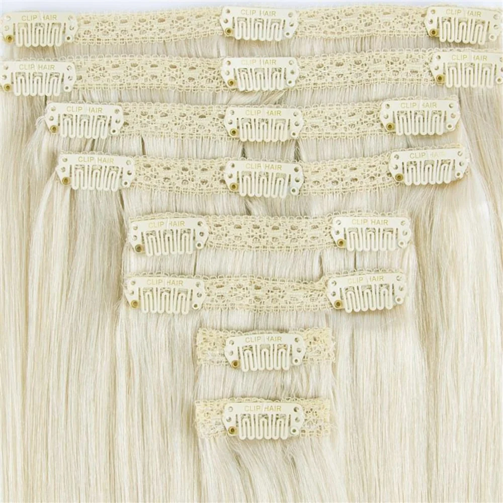 Double Wefted Full Head Remy Clip in Human Hair Extensions - Ice Blonde - Image 2